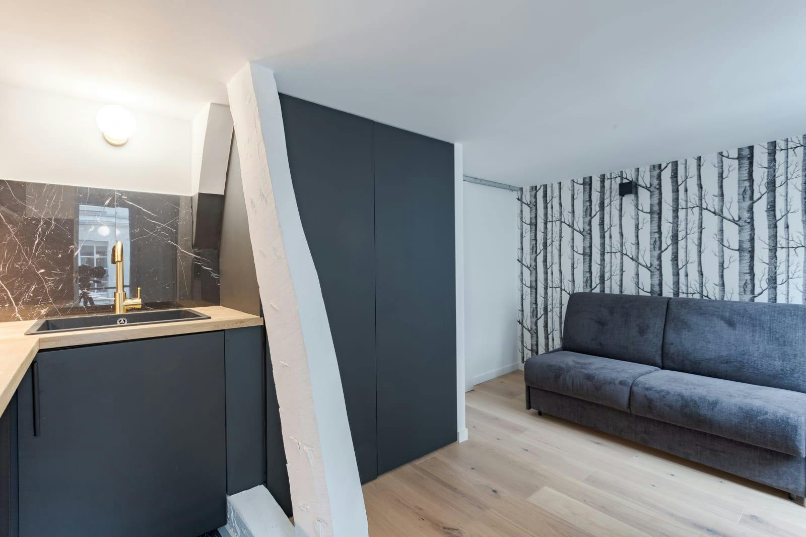 Séjour et coin cuisine avec poutres apparentes studio 15 m²