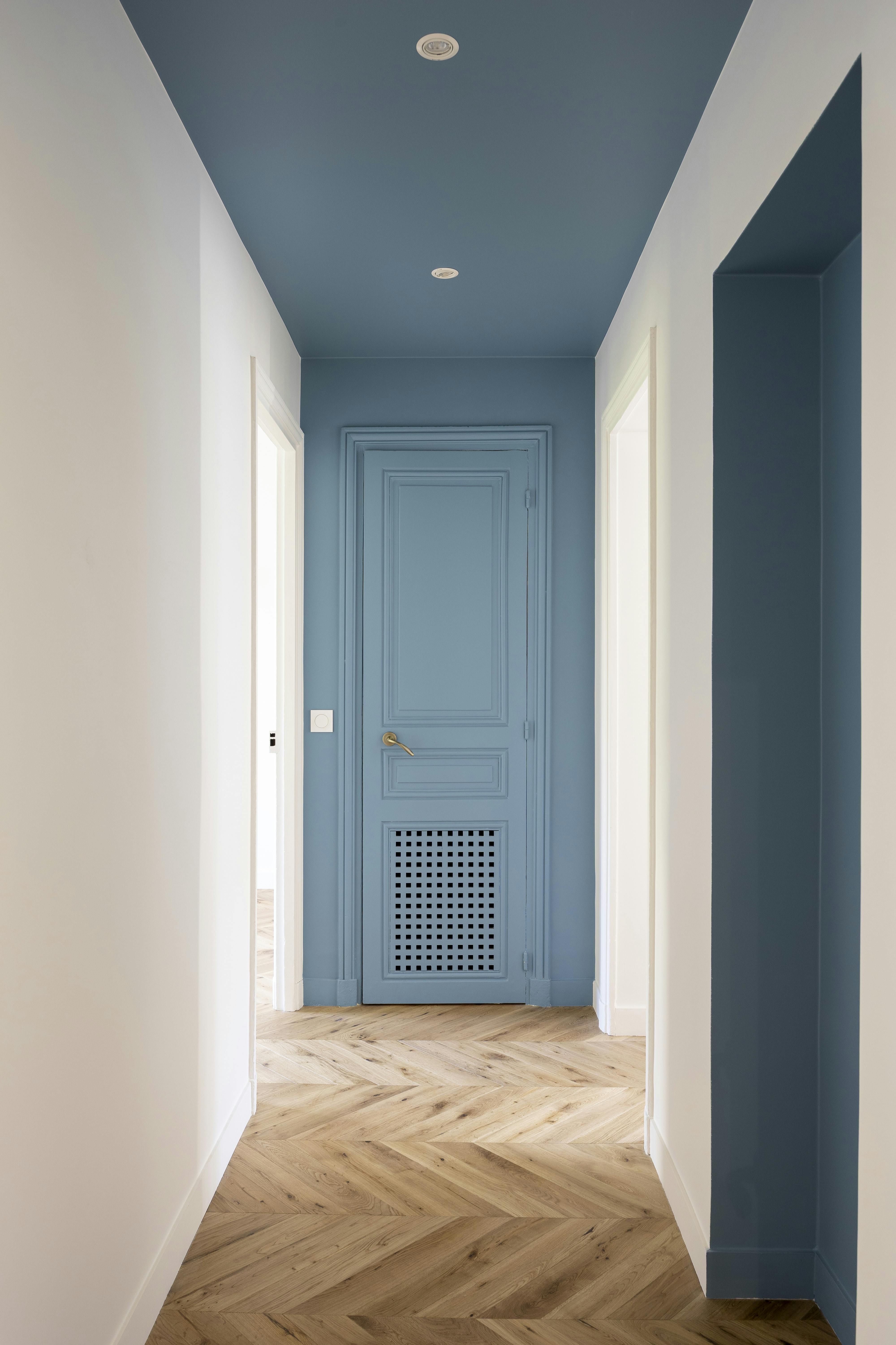 Couloir élégant peint en bleu profond, créant une atmosphère raffinée.