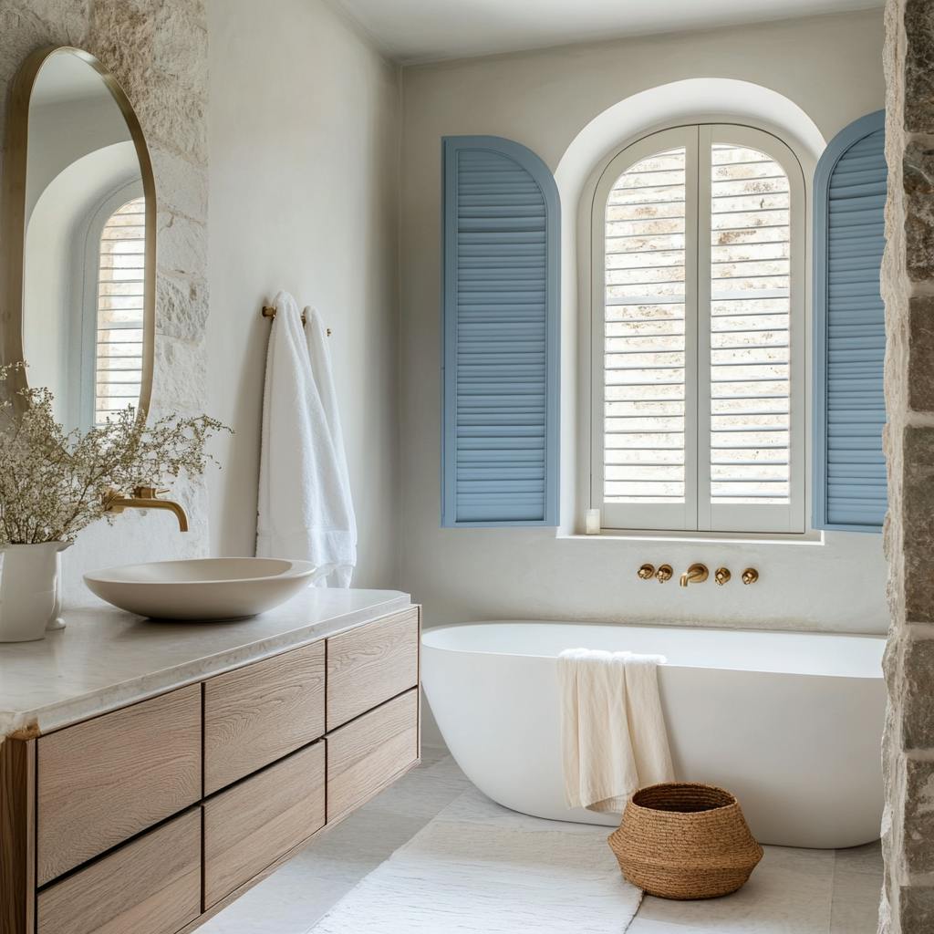 Une salle de bains moderne, mêlant un mobilier minimaliste en bois clair et des finitions dorées élégantes.