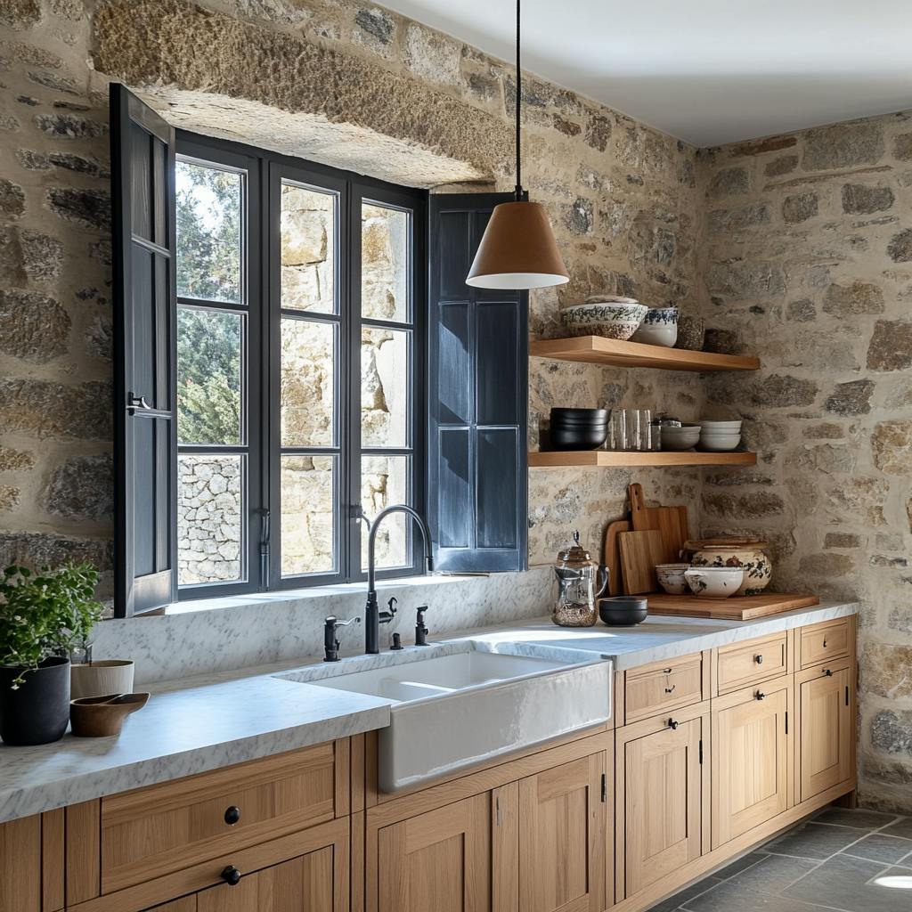 Cuisine bretonne contemporaine avec murs en pierre, mobilier en bois clair, alliant tradition et modernité.