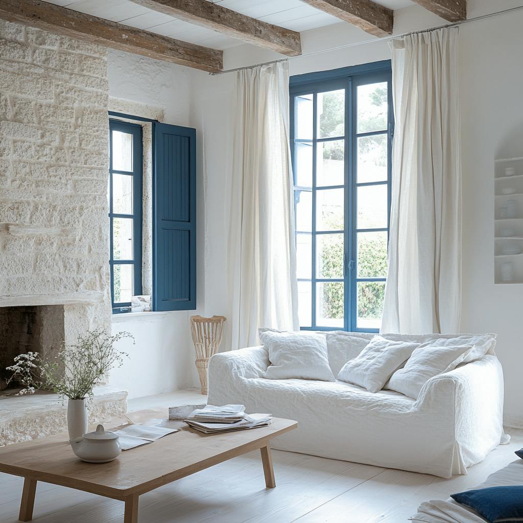 Un salon moderne et lumineux alliant murs en pierre blanchie, poutres apparentes, volets bleus typiques de Bretagne