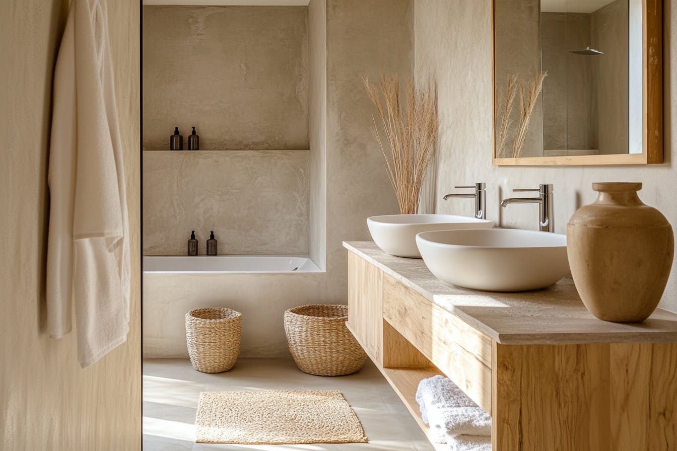 Salle de bain avec baignoire béton ciré