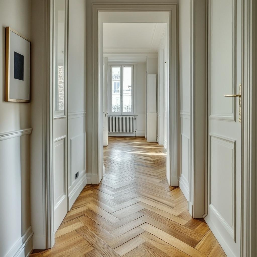 Un couloir moderne avec un beau bois massif