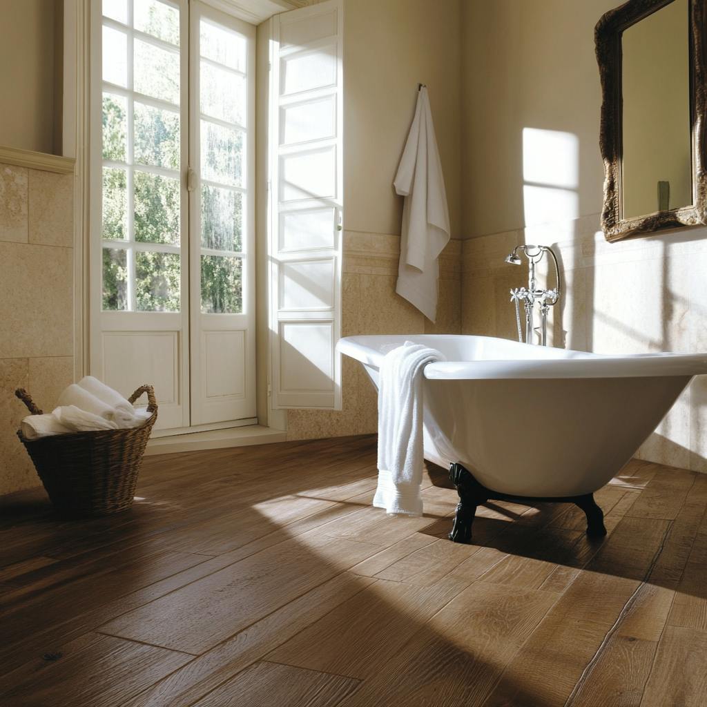 Une salle de bain avec un parquet massif