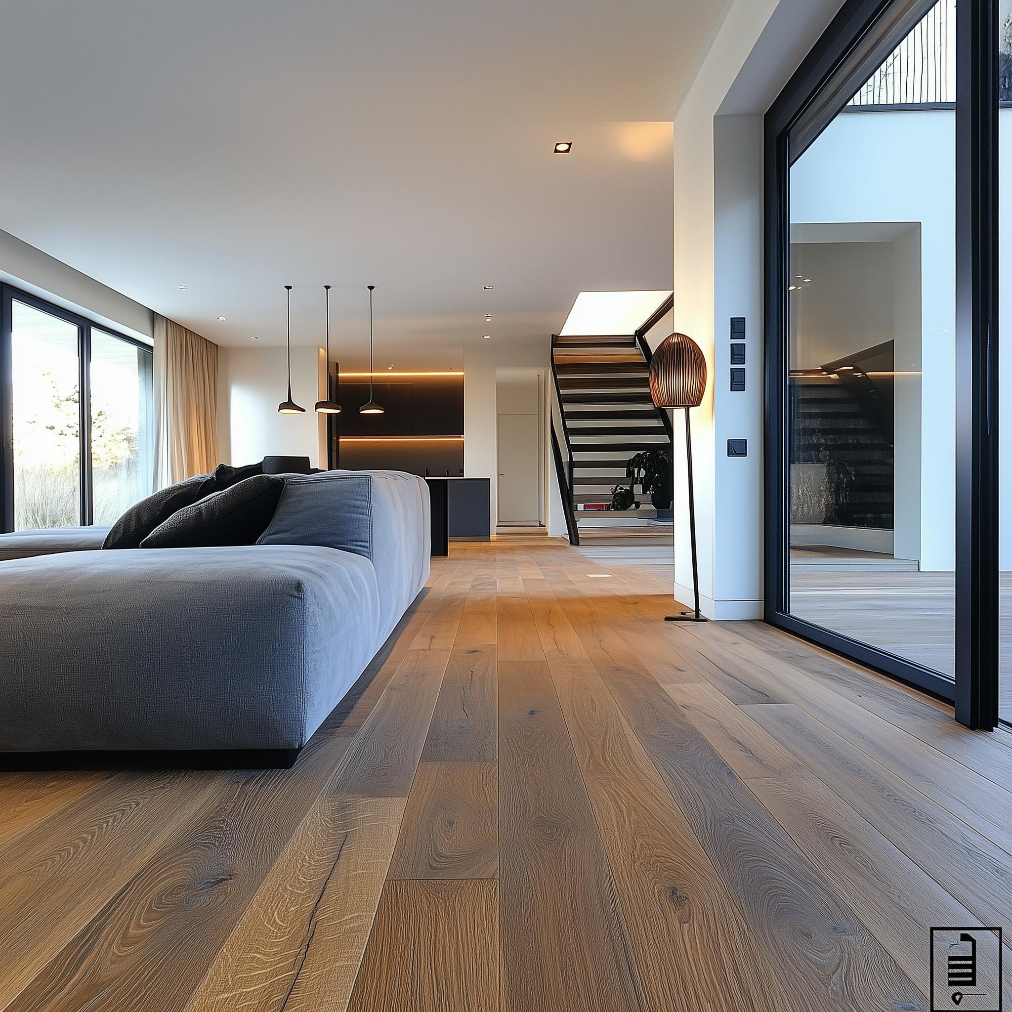 Intérieur maison moderne avec parquet massif