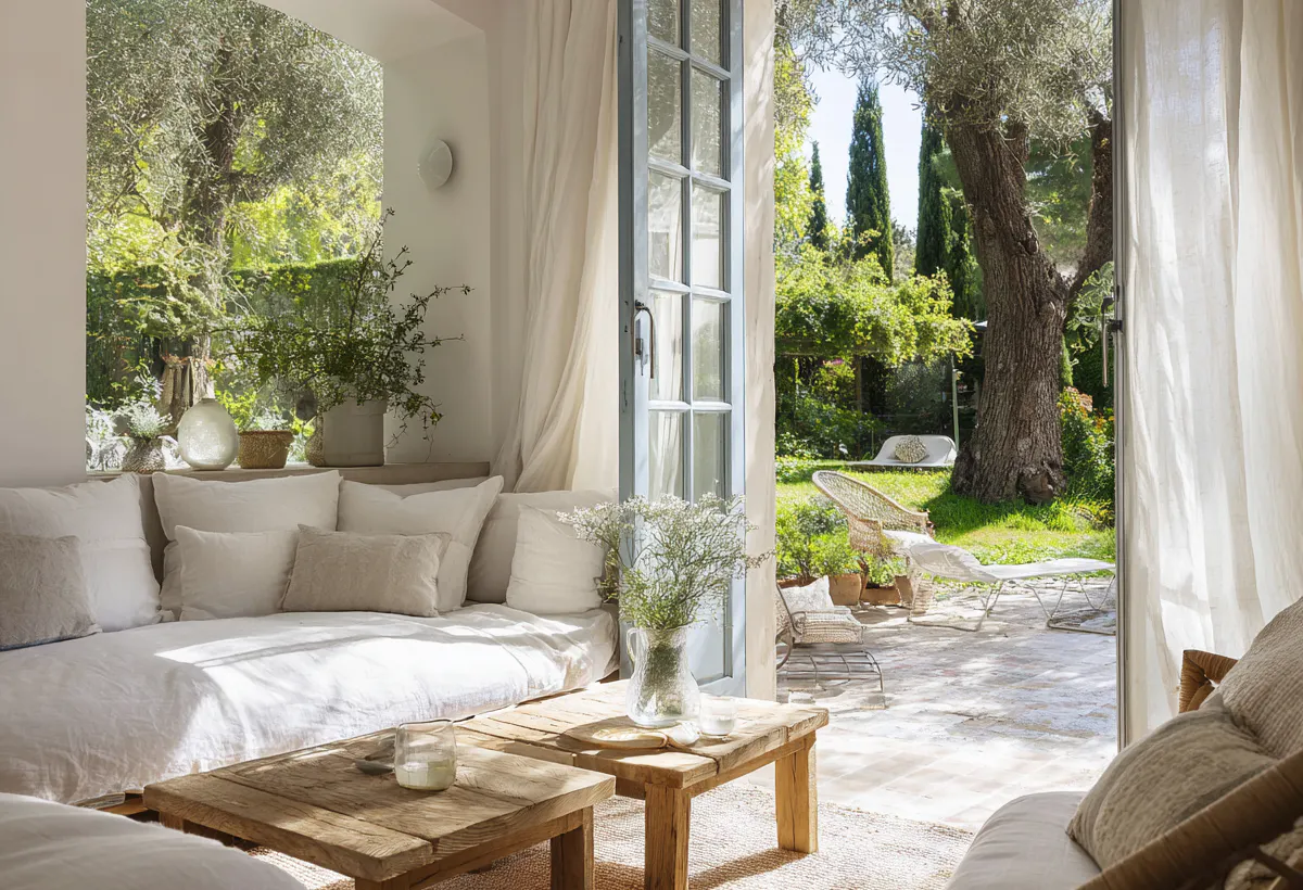 Petit salon avec vue sur un jardin