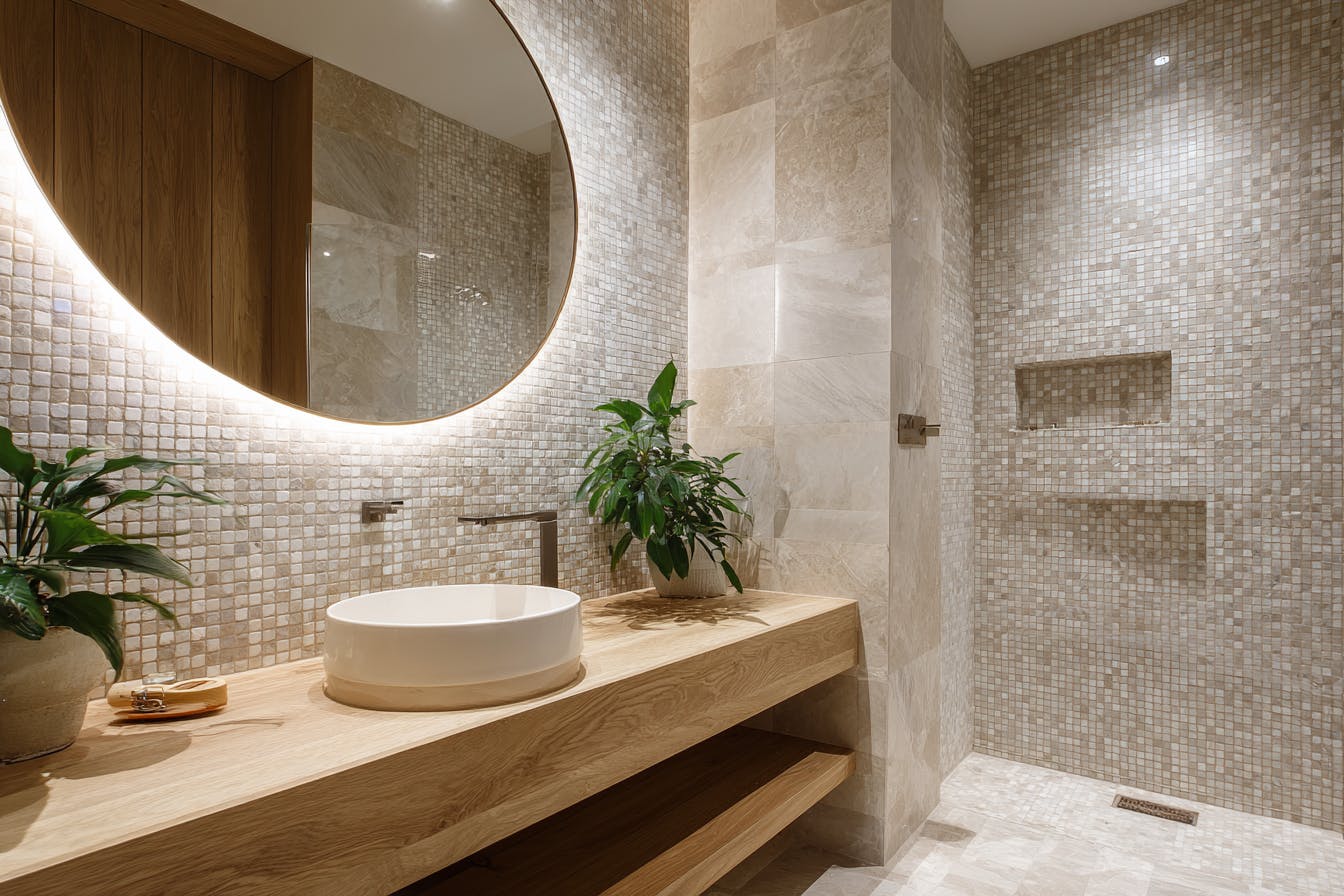 Salle de bain moderne avec gros miroir