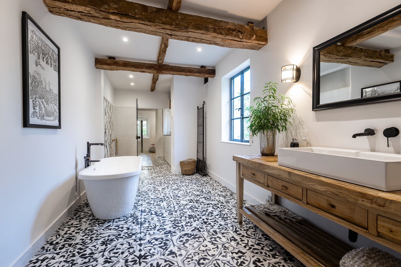 salle de bain avec des Carreau ciment sol 