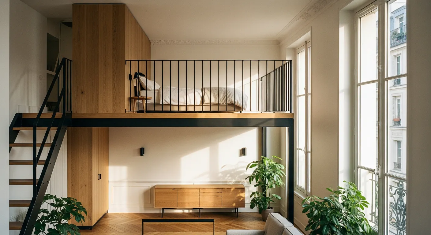 Mezzanine en chêne et acier dans un petit appartement parisien avec parquet et lumière naturelle