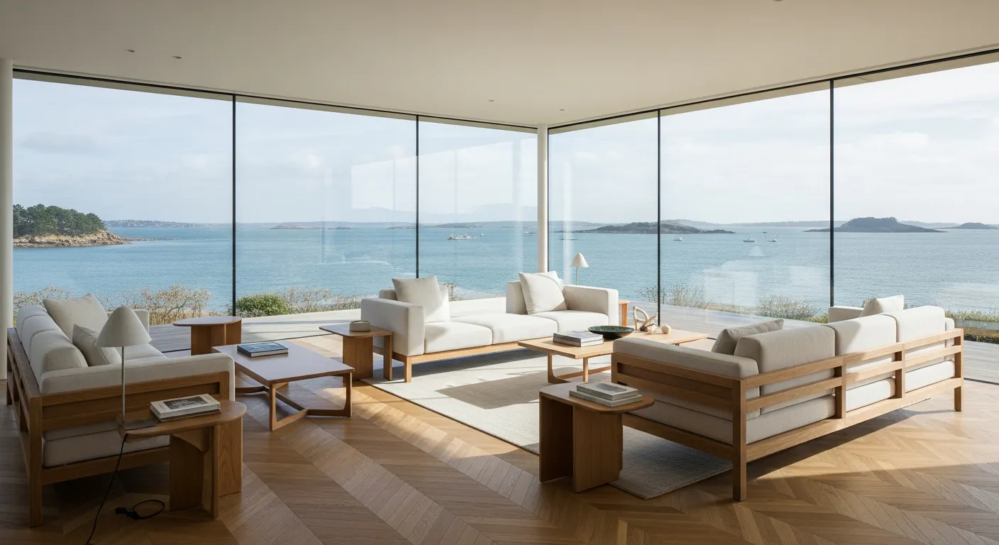 Intérieur contemporain d'une villa face au Golfe du Morbihan avec vue panoramique sur les îles
