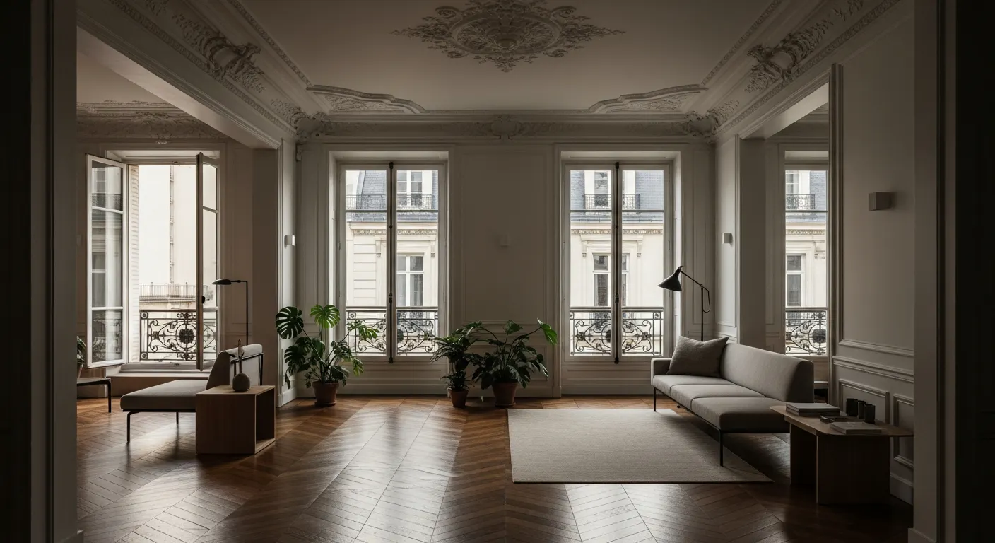 Appartement nantais rénové, style néoclassique avec moulures et parquet point de Hongrie