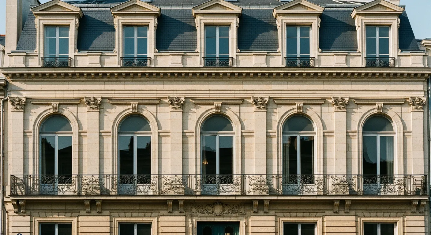 Façade d'immeuble néoclassique à Nantes, pierre de tuffeau et balcons en ferronnerie