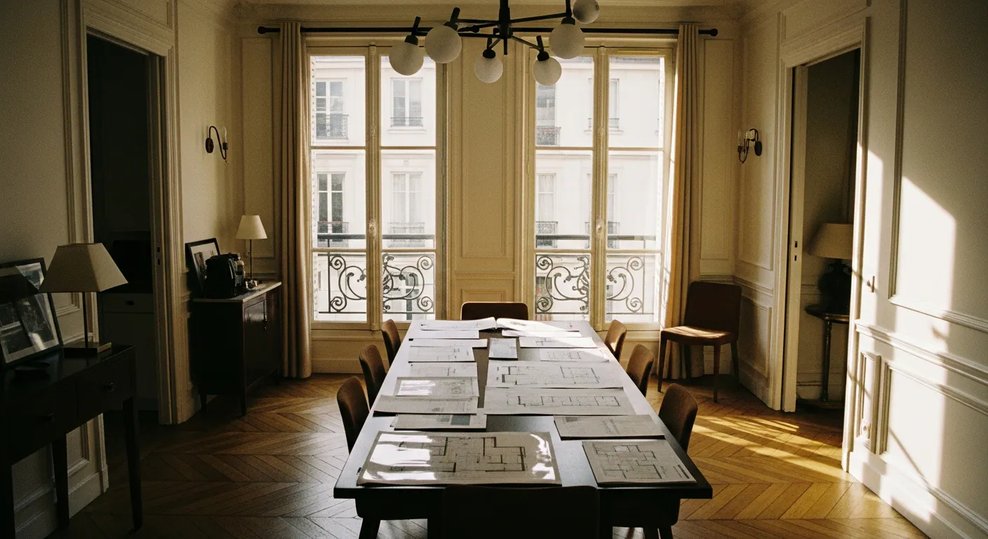 Couple étudiant les documents pour un achat immobilier dans un appartement parisien