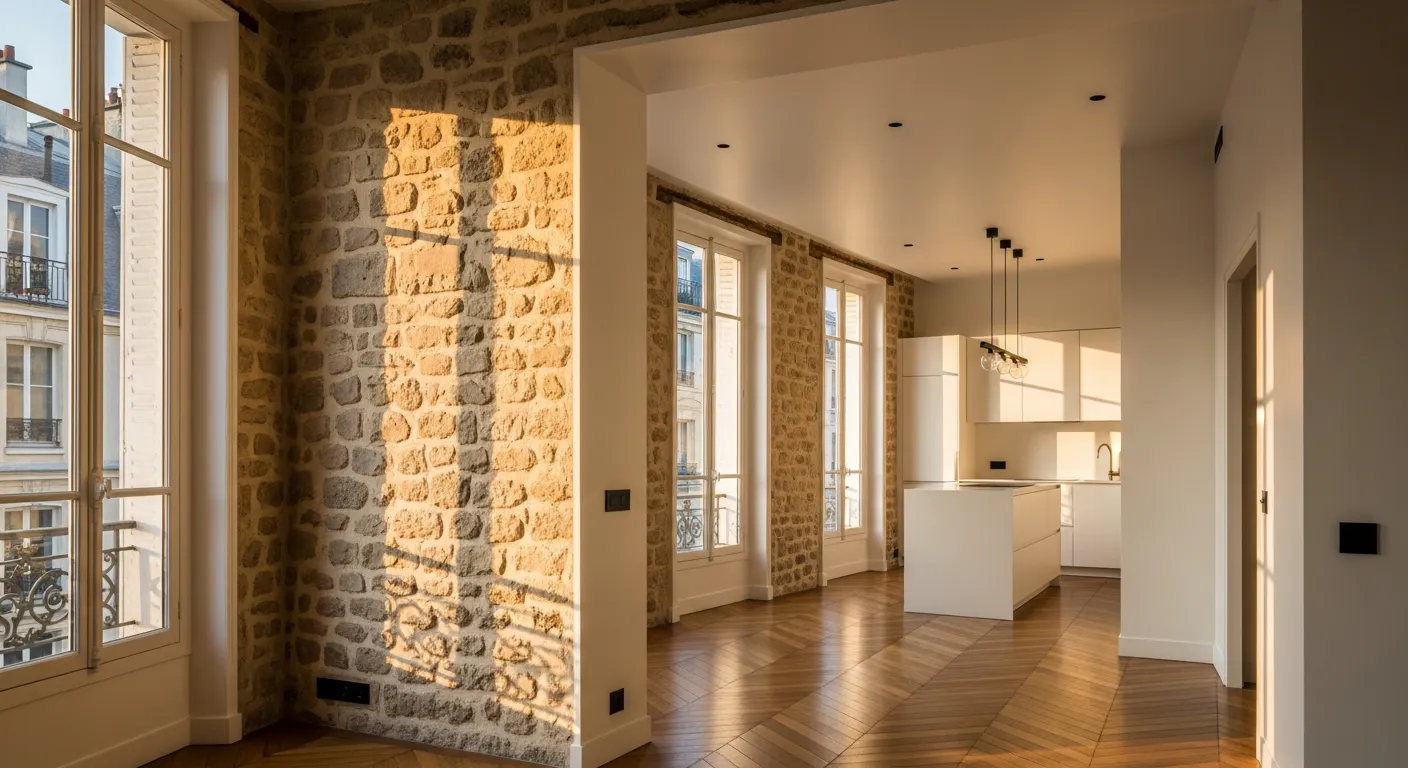 Intérieur d'un appartement parisien rénové avec soin, pierres apparentes et cuisine moderne