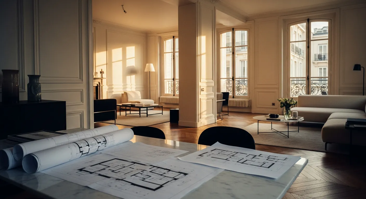 Plans d'architecture pour une opération de marchand de biens dans un appartement haussmannien