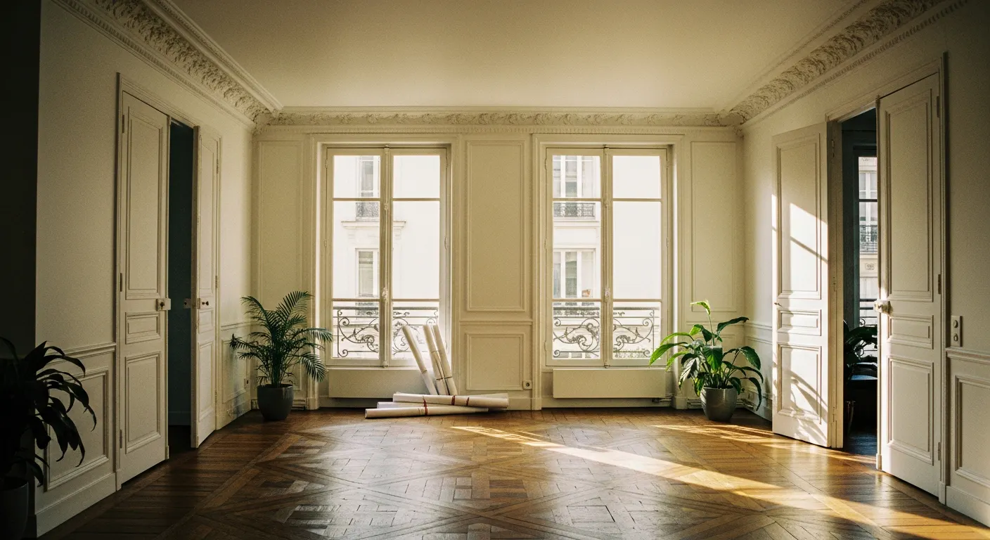 Appartement parisien haussmannien avec potentiel de rénovation, parquet chevrons et moulures d'époque
