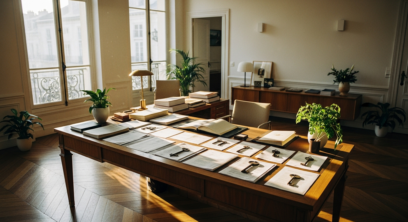 Bureau de notaire avec documents immobiliers et contrats de fiscalité