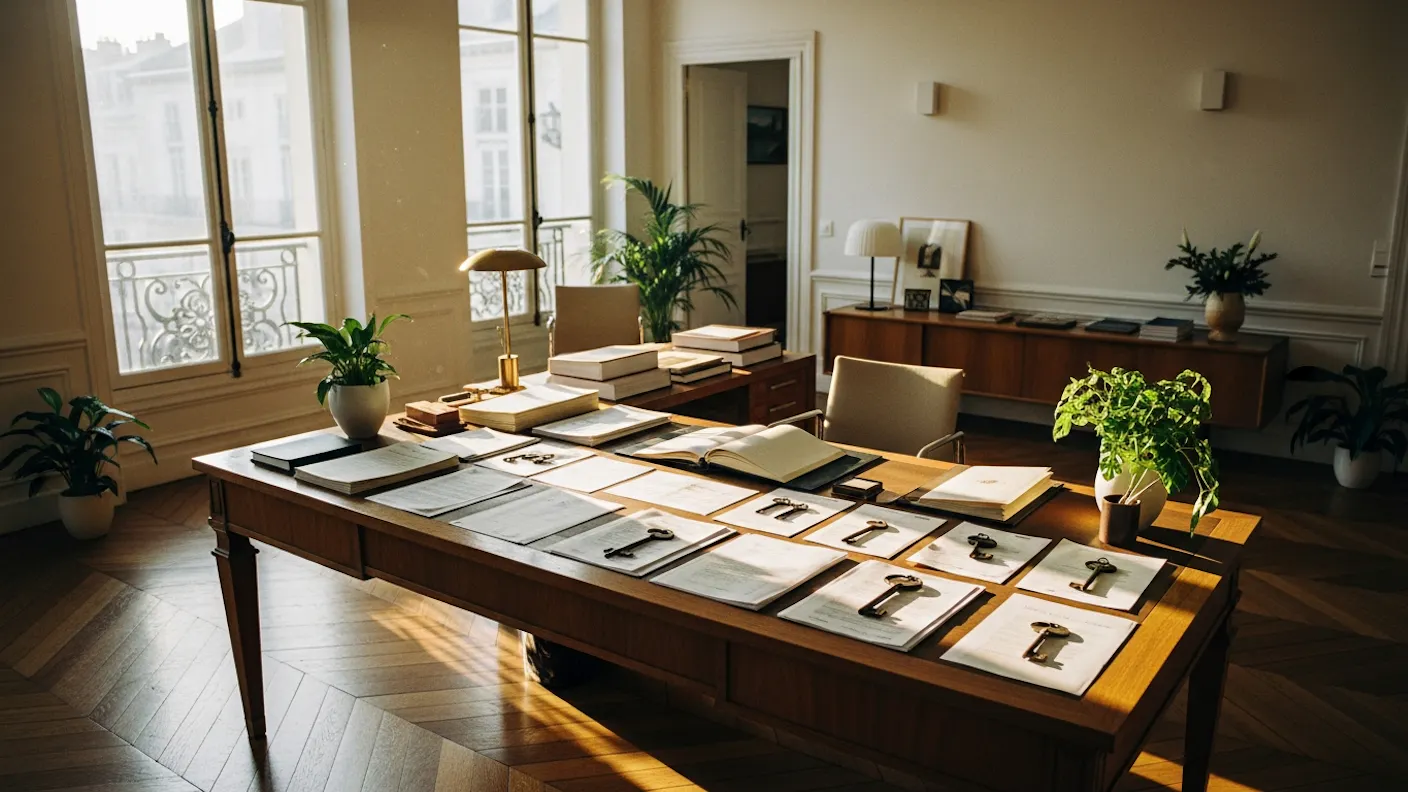Bureau de notaire avec documents immobiliers et contrats de fiscalité