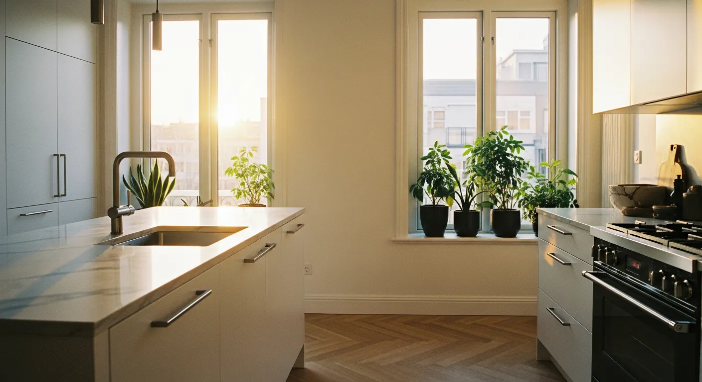 Cuisine rénovée moderne avec plan de travail en quartz blanc et luminosité naturelle
