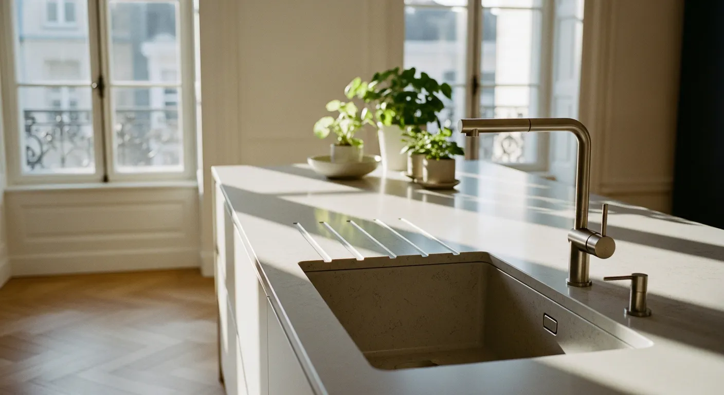 Plan de travail en quartz avec évier sous plan et robinetterie inox dans une cuisine rénovée