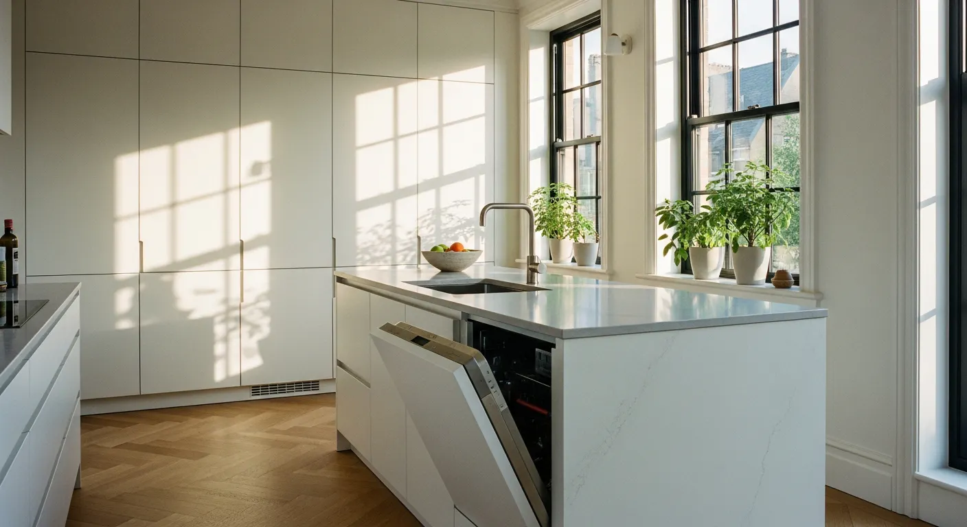 Cuisine équipée moderne avec lave-vaisselle à hauteur du plan de travail et rangements optimisés