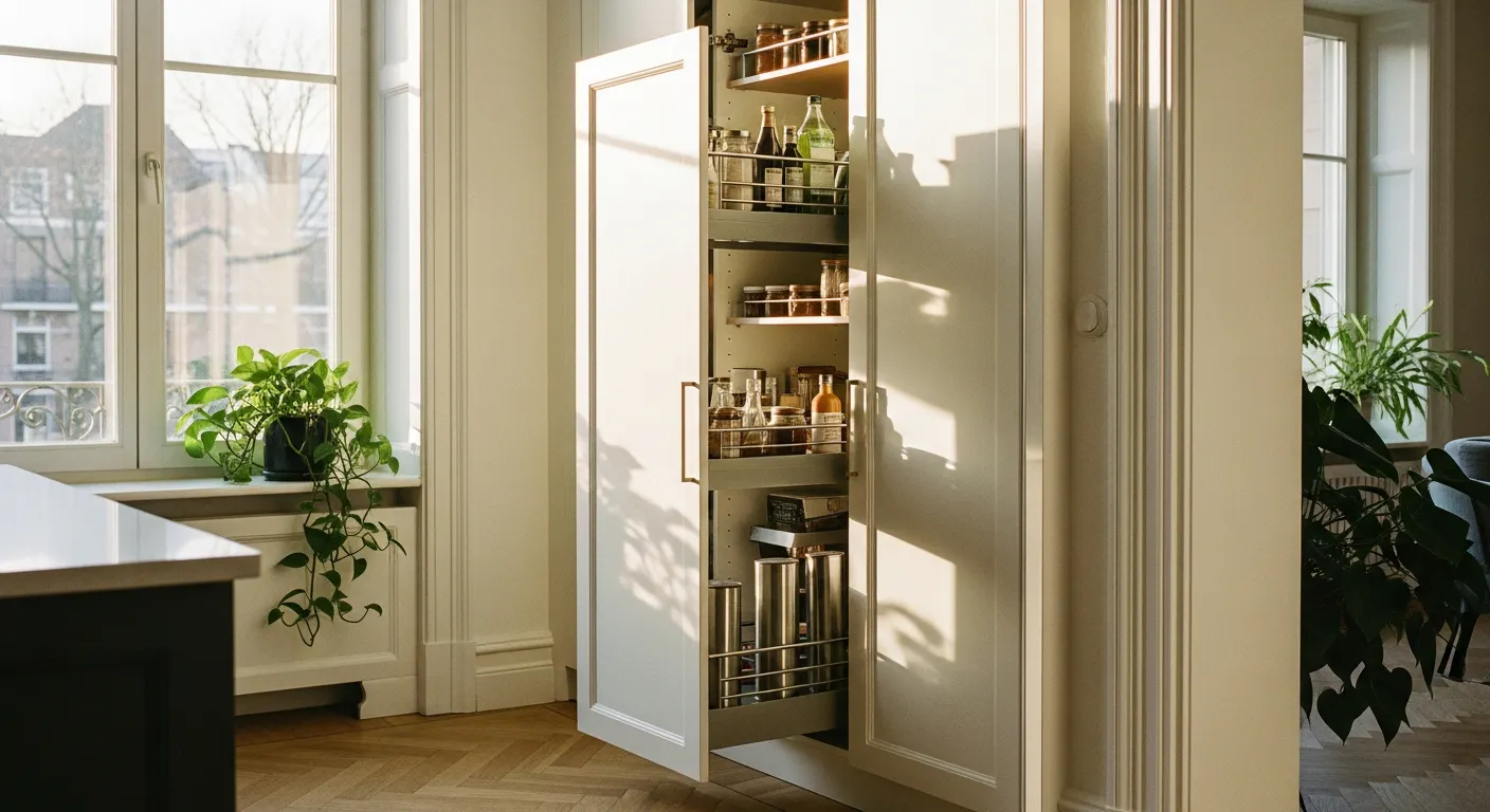 Rangements cuisine optimisés avec colonnes pleine hauteur dans les angles morts