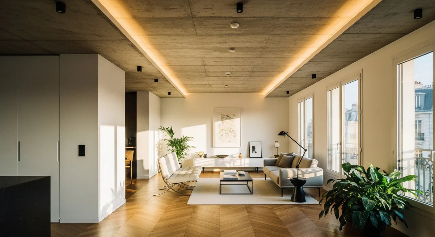 Appartement rénové en Seine-Saint-Denis avec salon lumineux et parquet chevrons