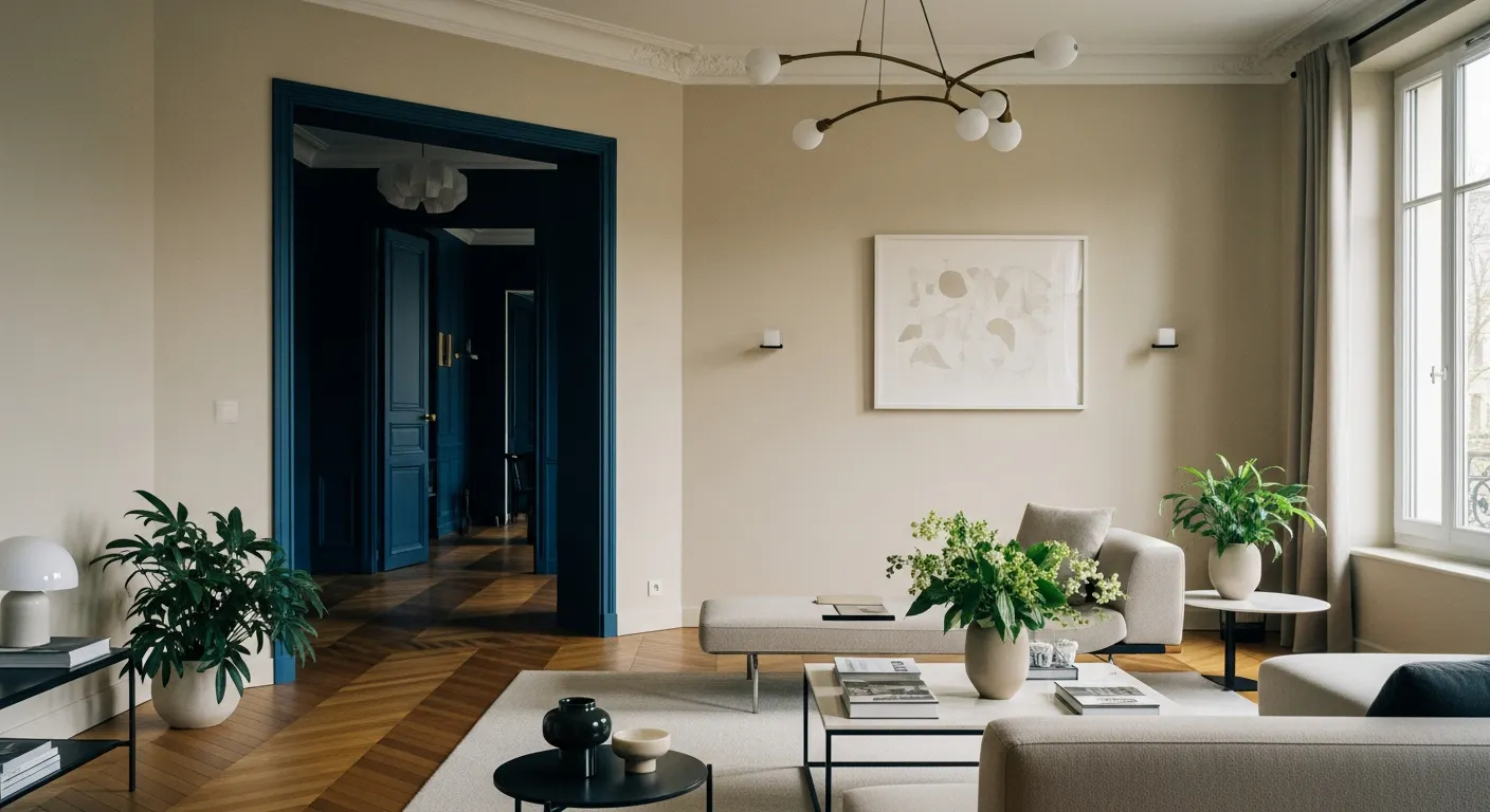 Appartement avec palette de couleurs architecturale - contraste couloir sombre et salon lumineux