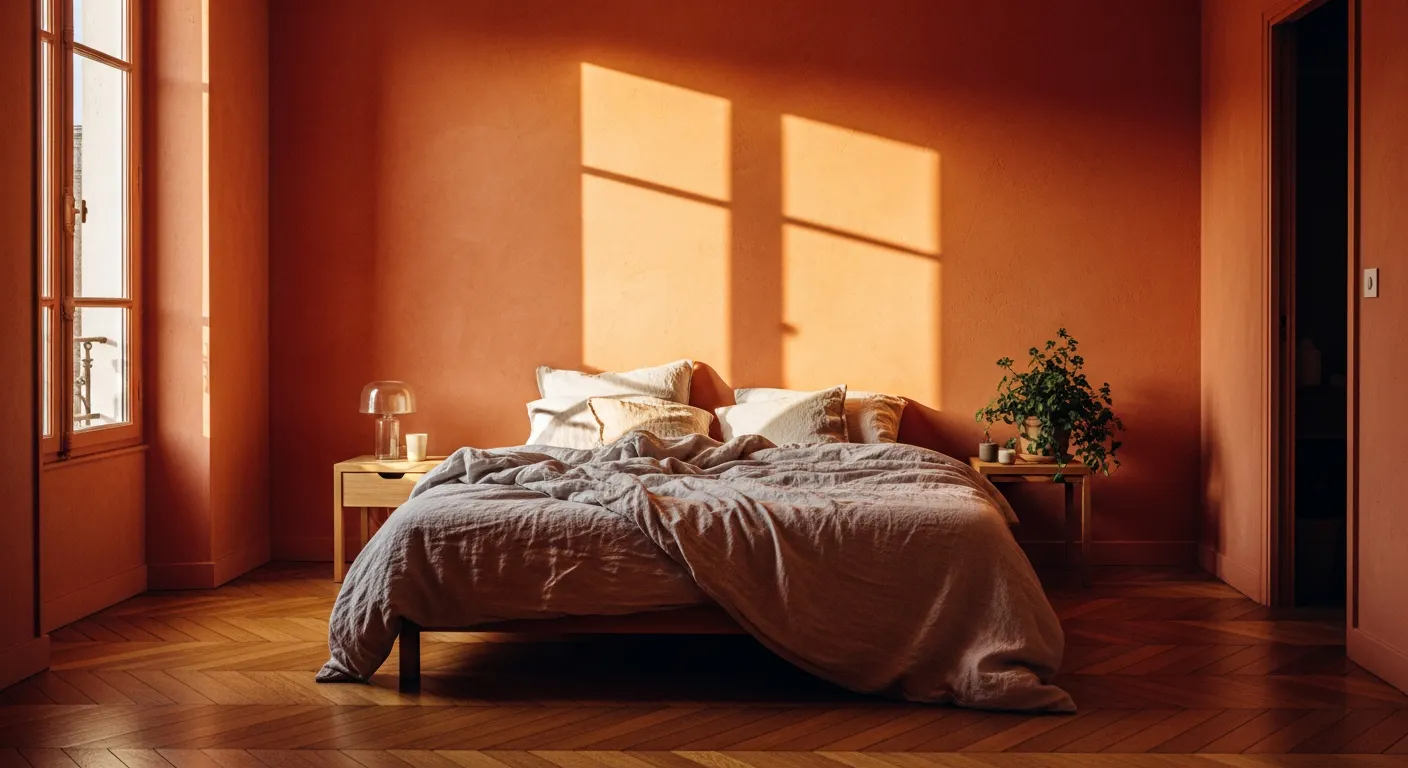 Chambre avec peinture terracotta réchauffant visuellement l'espace