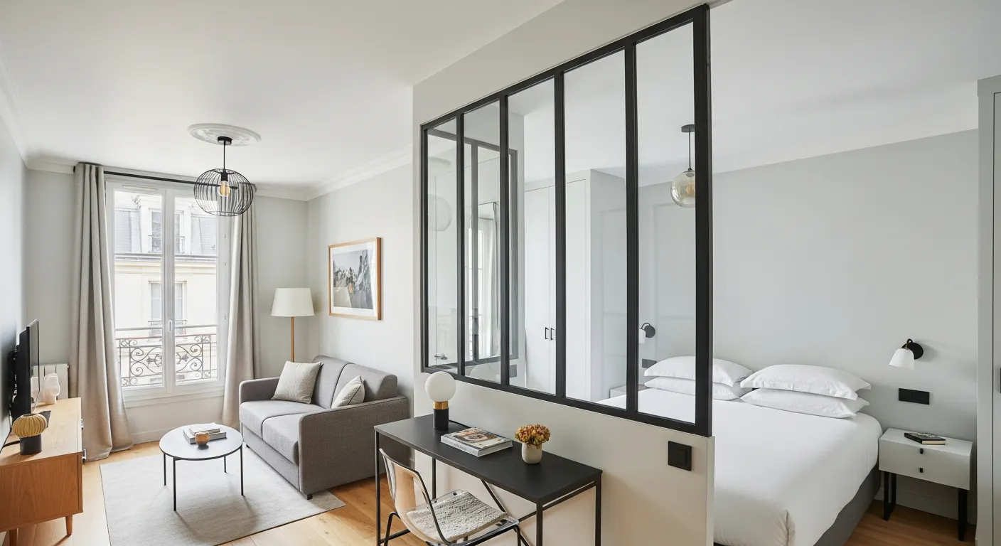 Studio parisien optimisé avec verrière et espace ouvert