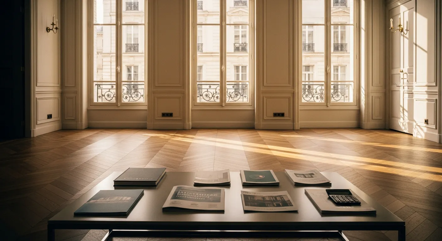 Intérieur d'appartement haussmannien avec documents d'investissement locatif