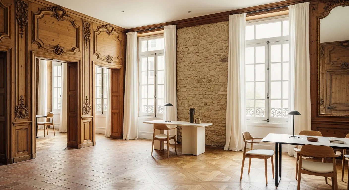 Intérieur rénové d'un hôtel particulier avec boiseries et tomettes provençales à Aix-en-Provence