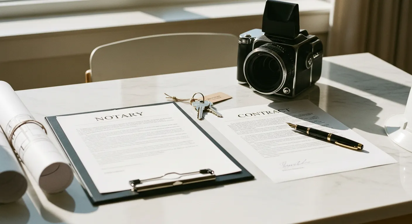 Documents notariaux et contrat immobilier sur un bureau, représentant les frais de notaire lors d'un achat