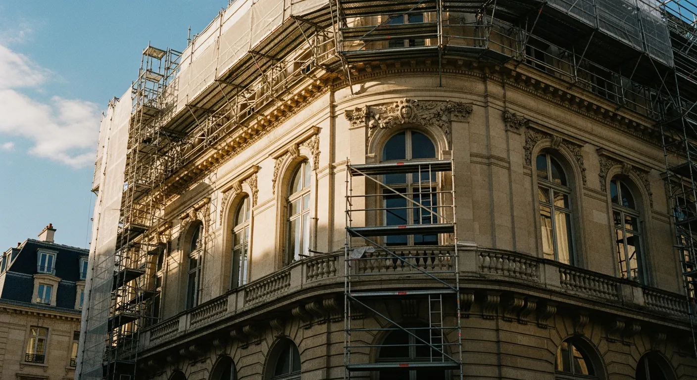 Façade d'immeuble haussmannien en cours de restauration dans un site patrimonial remarquable