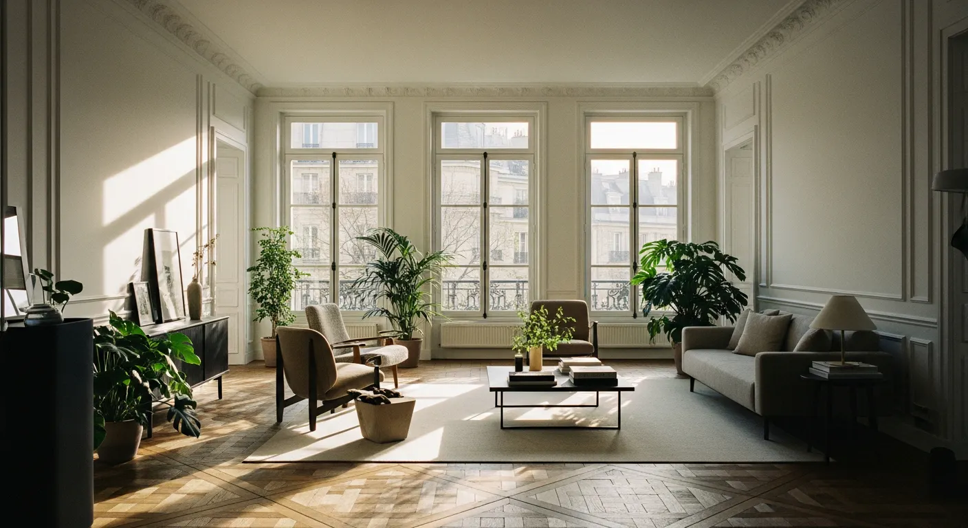 Appartement parisien rénové avec parquet chevrons et moulures haussmanniennes
