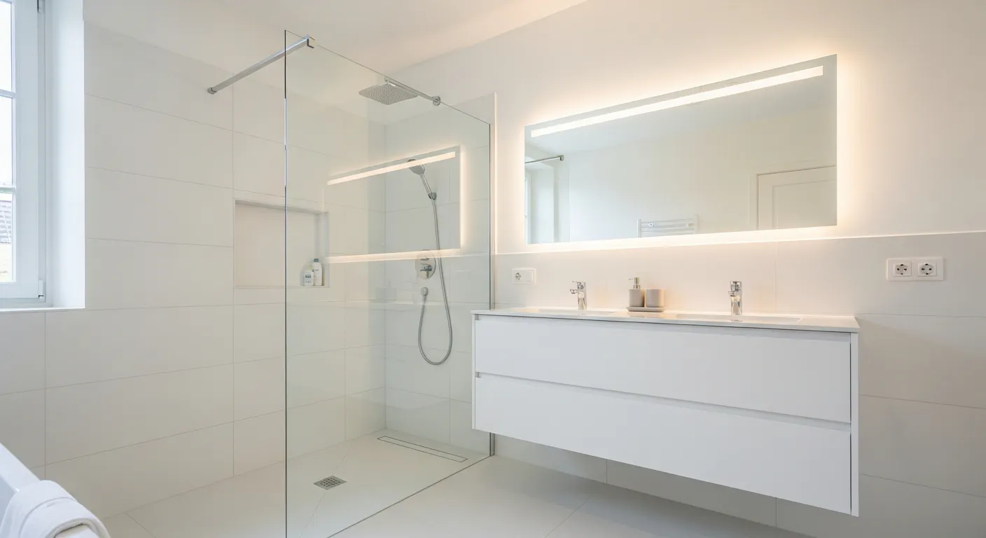 Salle de bain moderne rénovée avec douche à l'italienne et grande paroi vitrée