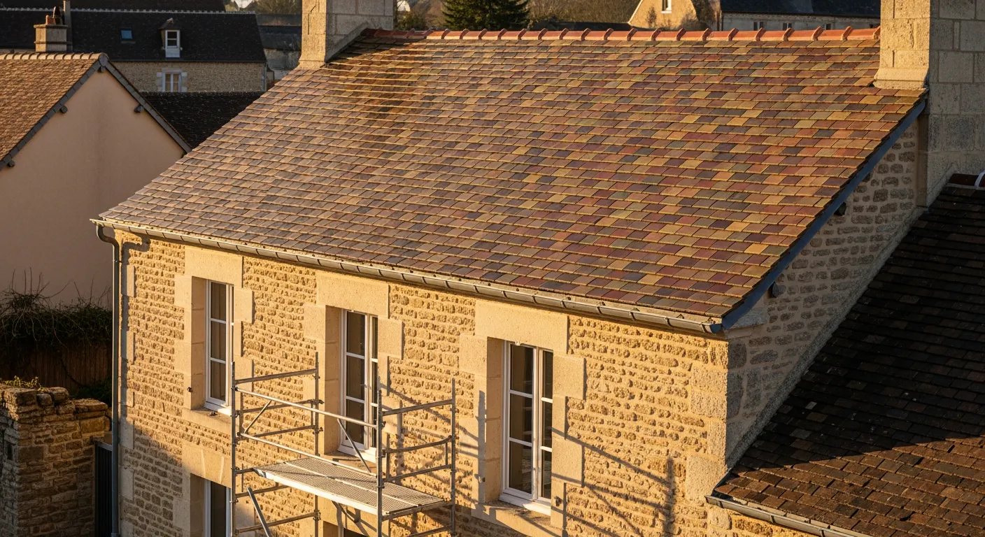 Façade en pierre calcaire bourguignonne avec tuiles vernissées, rénovation en cours