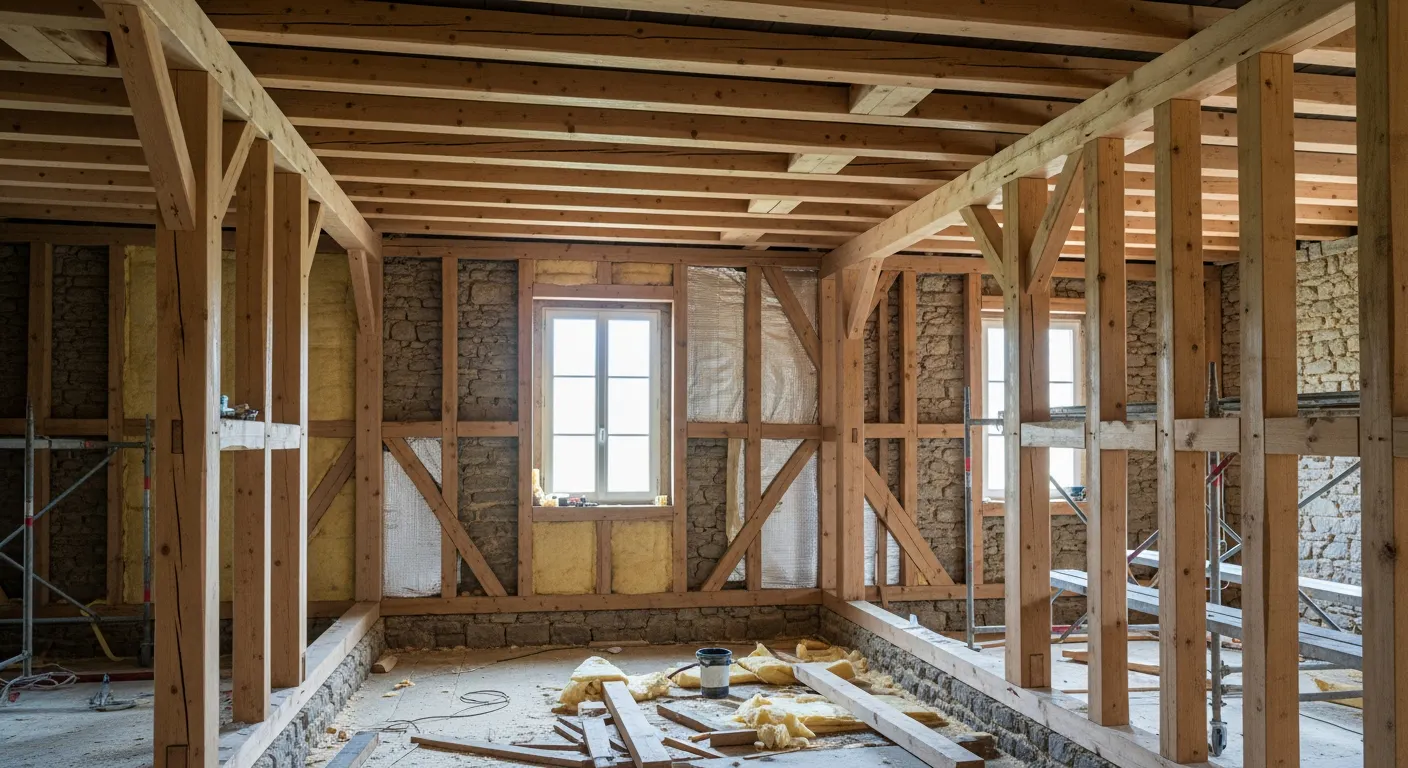 Intérieur de ferme comtoise en rénovation, charpente en sapin du Jura