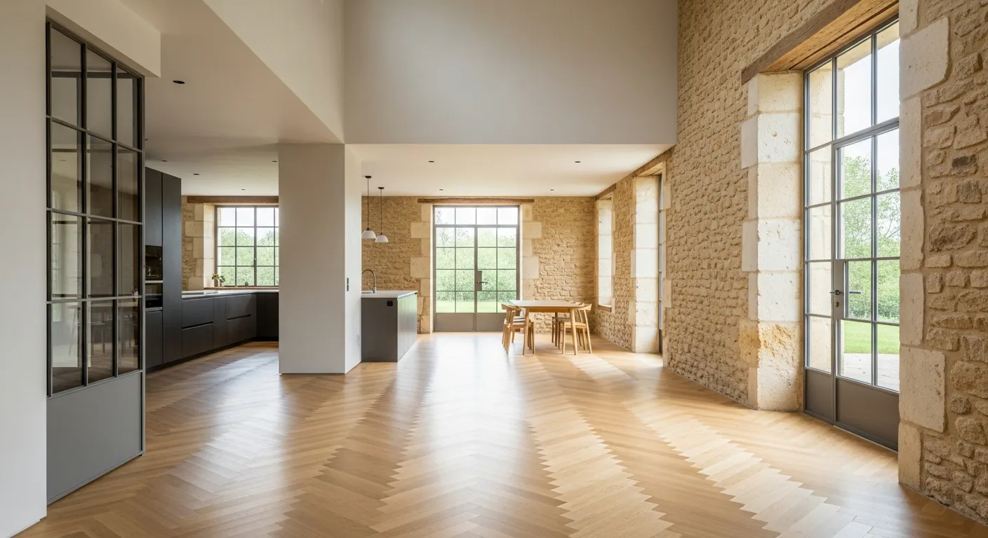 Intérieur rénové d'une maison en pierre en Bourgogne-Franche-Comté