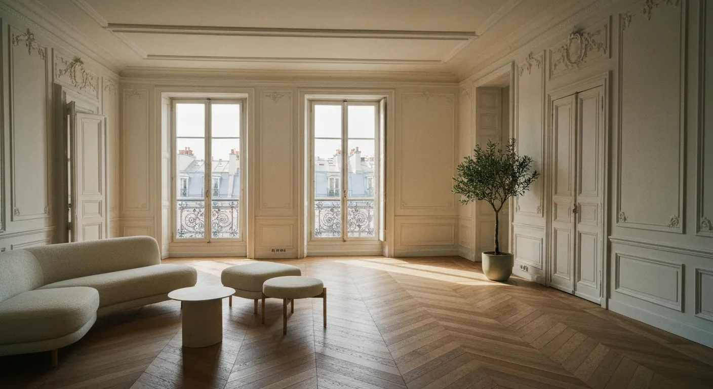 Appartement haussmannien rénové à Paris, parquet point de Hongrie et moulures restaurées