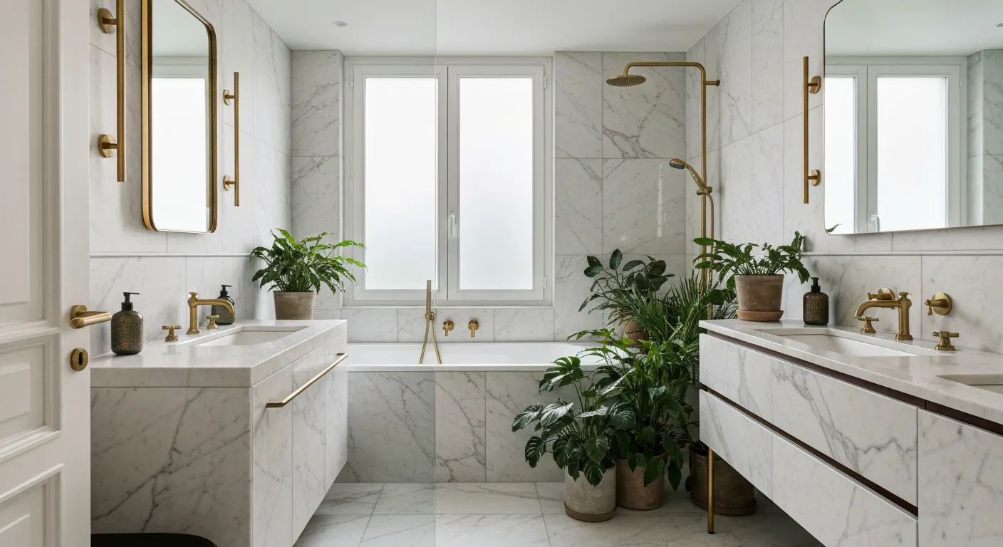 Salle de bains rénovée dans un appartement parisien, carrelage grand format et robinetterie laiton