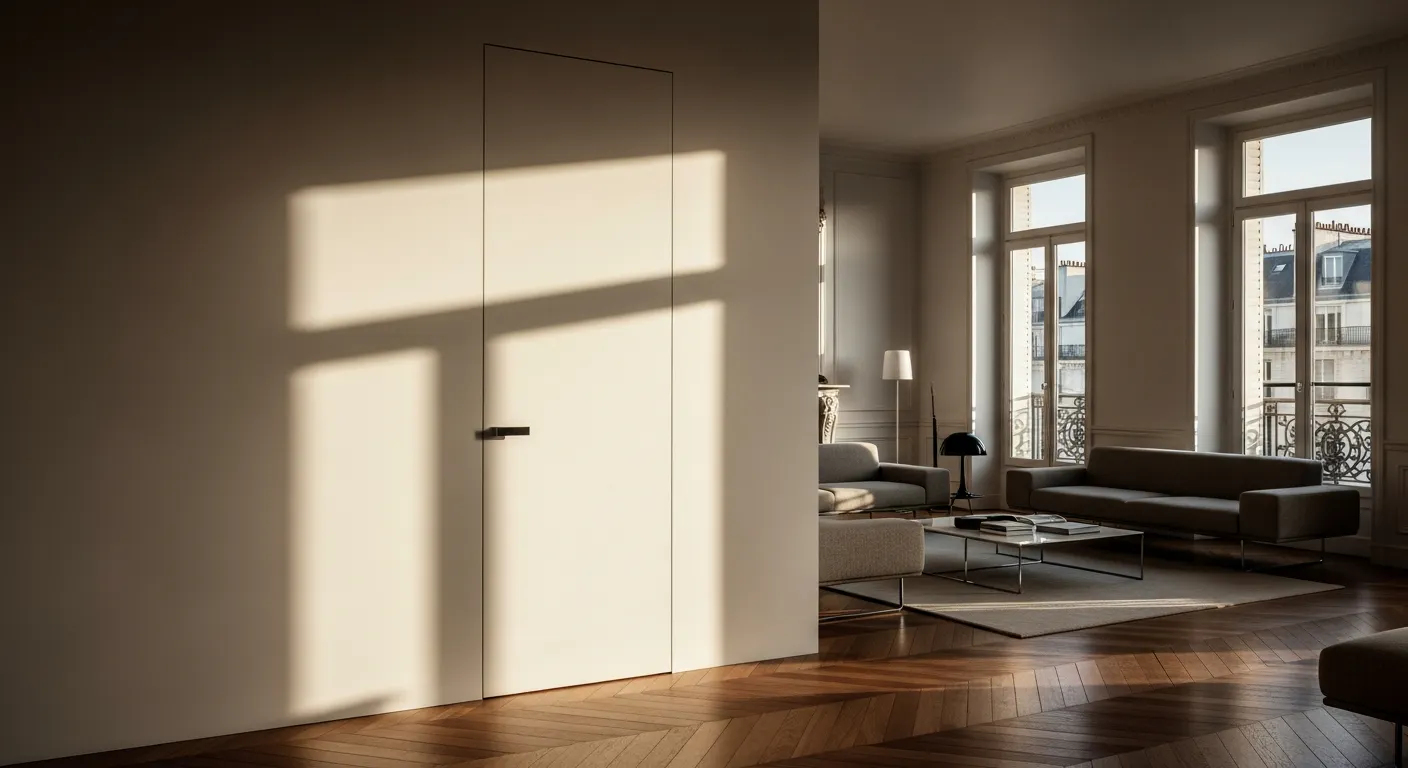 Intérieur haut de gamme avec porte affleurante et finitions architecturales soignées