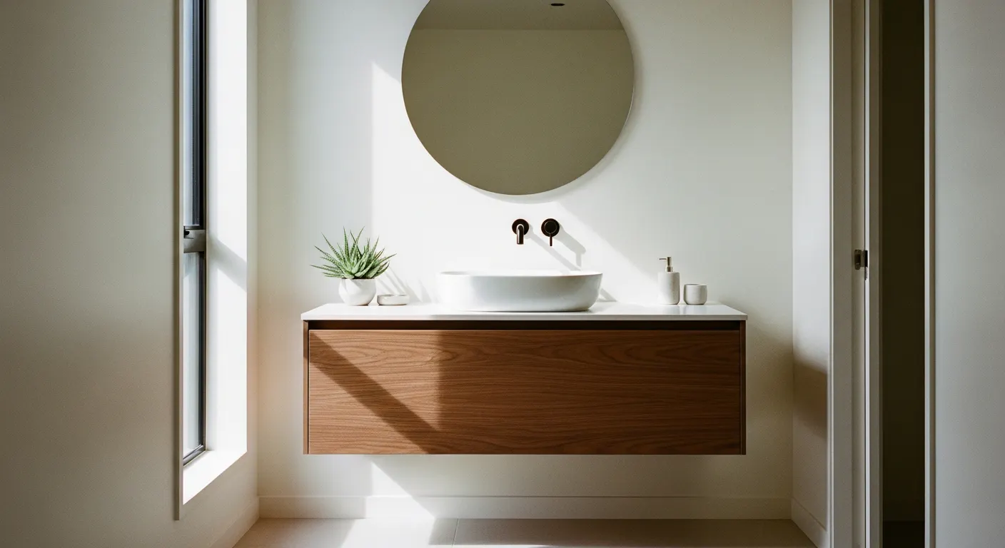 Meuble vasque suspendu dans une petite salle de bain pour libérer le sol