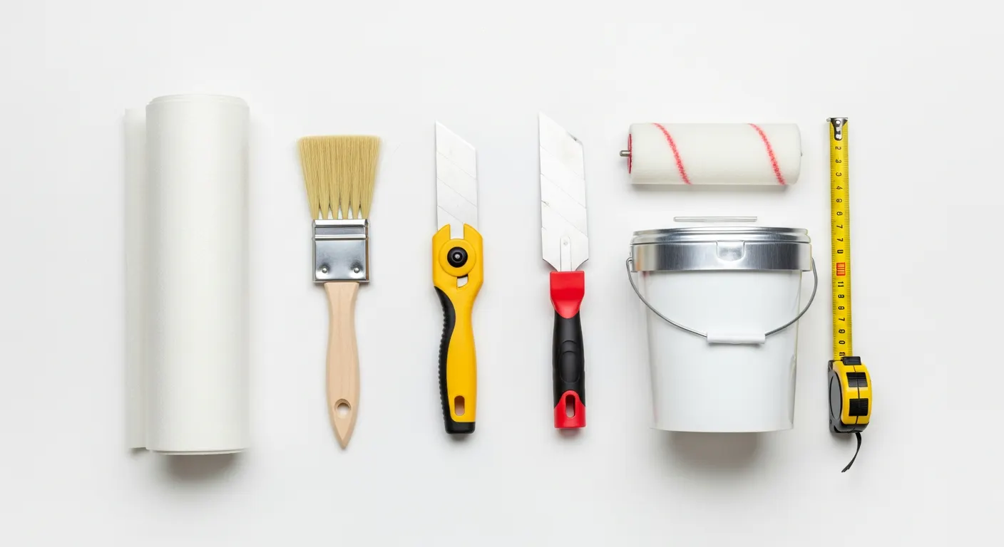 Outils et matériaux pour la pose de toile de verre : colle, cutter, rouleau, spatule