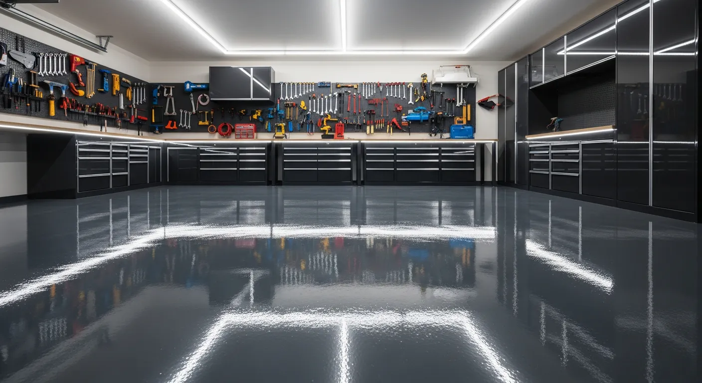 Sol de garage recouvert de peinture époxy gris brillant