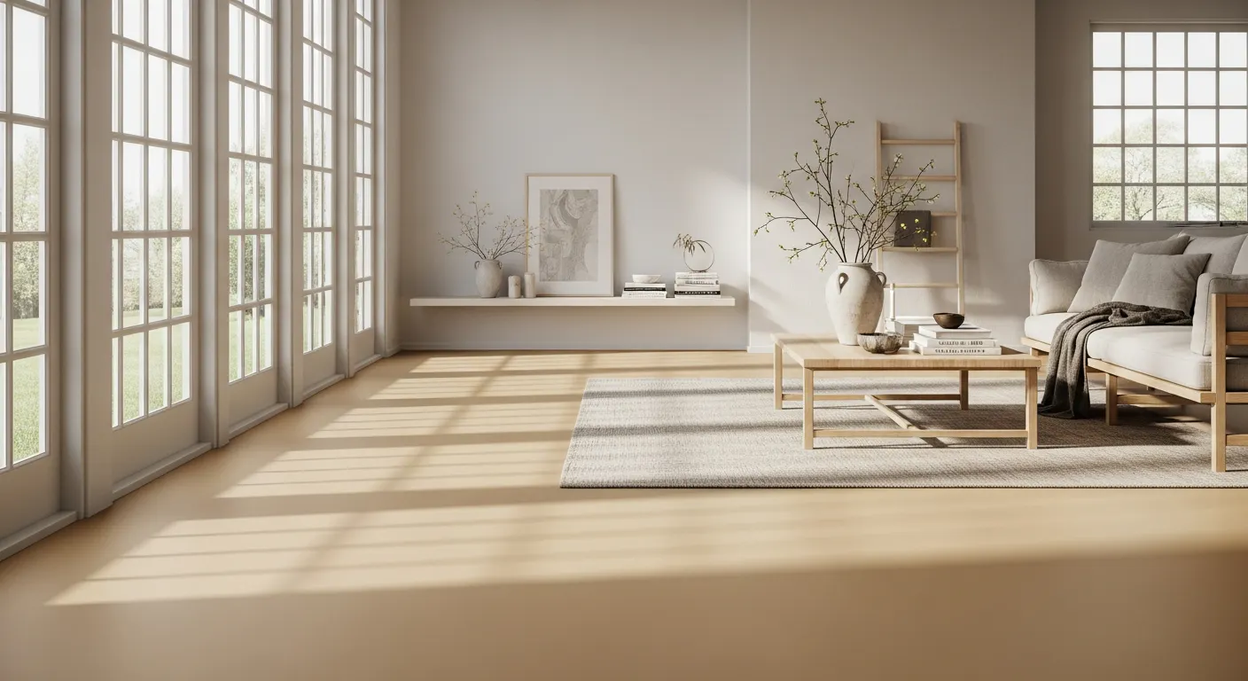 Sol en résine polyuréthane beige mat dans un séjour lumineux