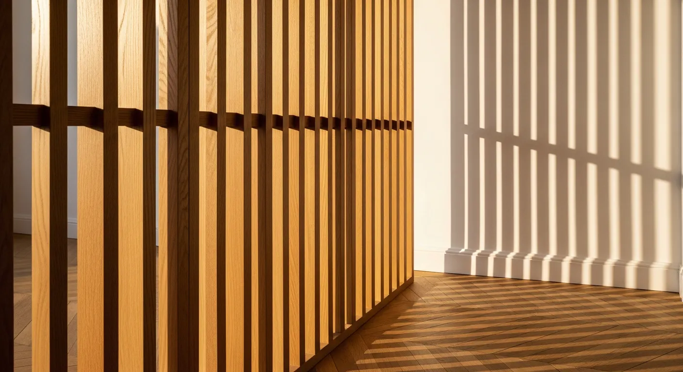 Claustra bois intérieur — détail lames chêne lumière filtrée design contemporain