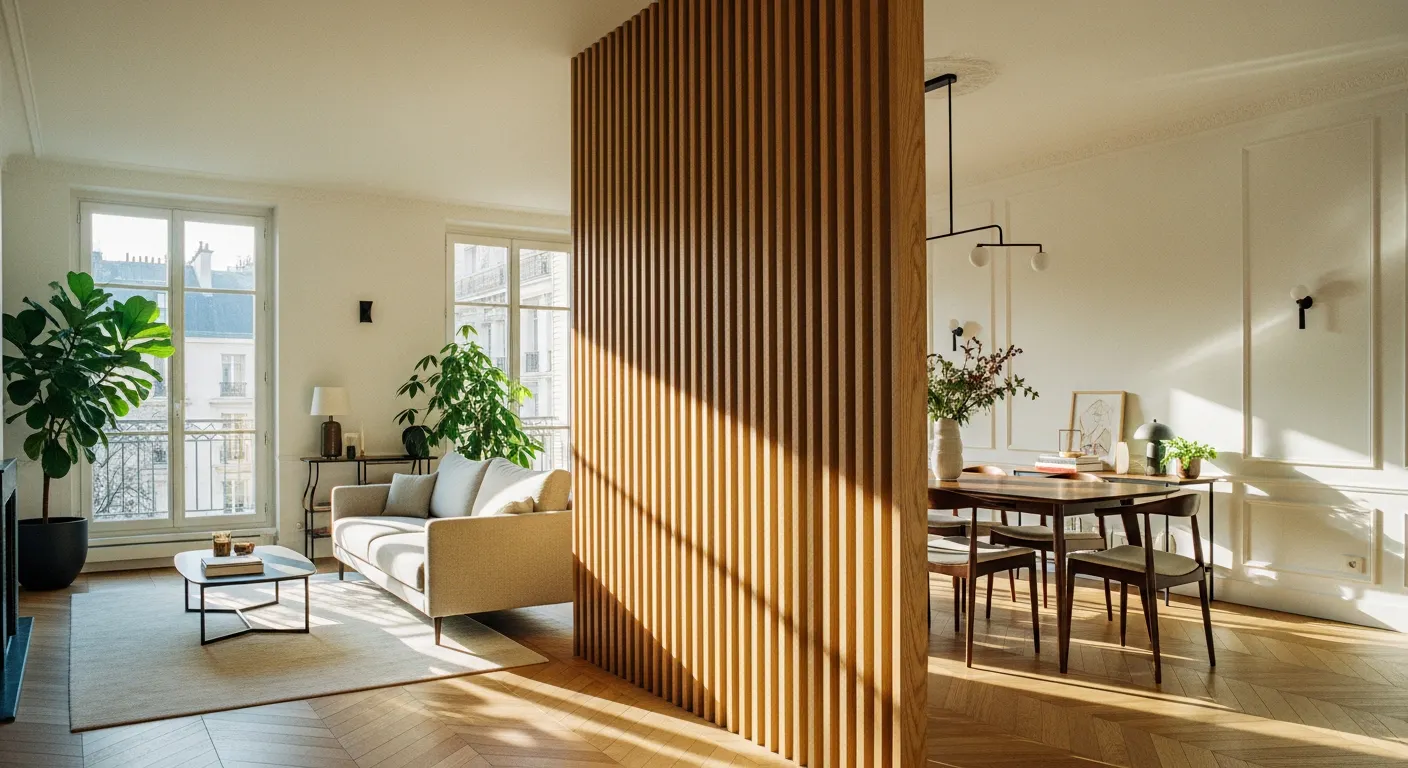 Claustra bois chêne intérieur — cloison décorative lames verticales séparation salon
