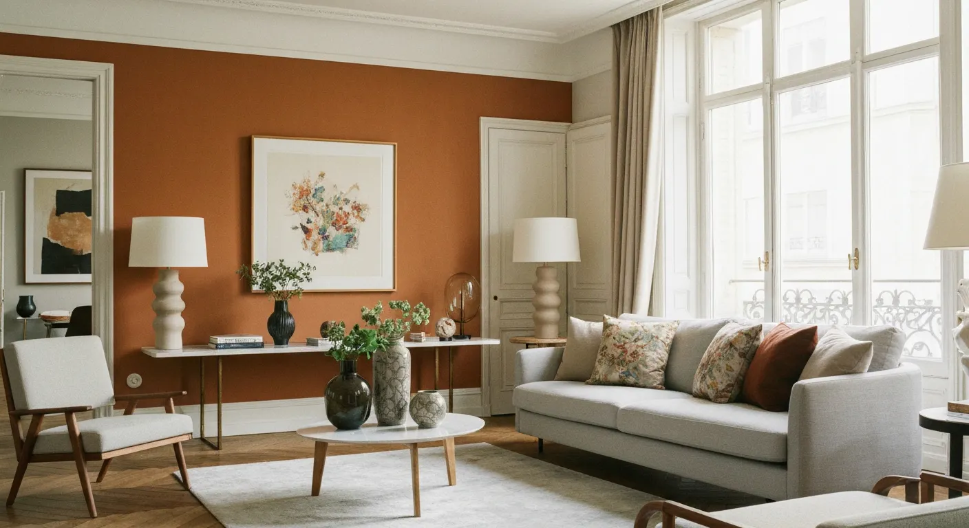 Salon décoré par un décorateur d'intérieur avec mobilier design et objets décoratifs choisis