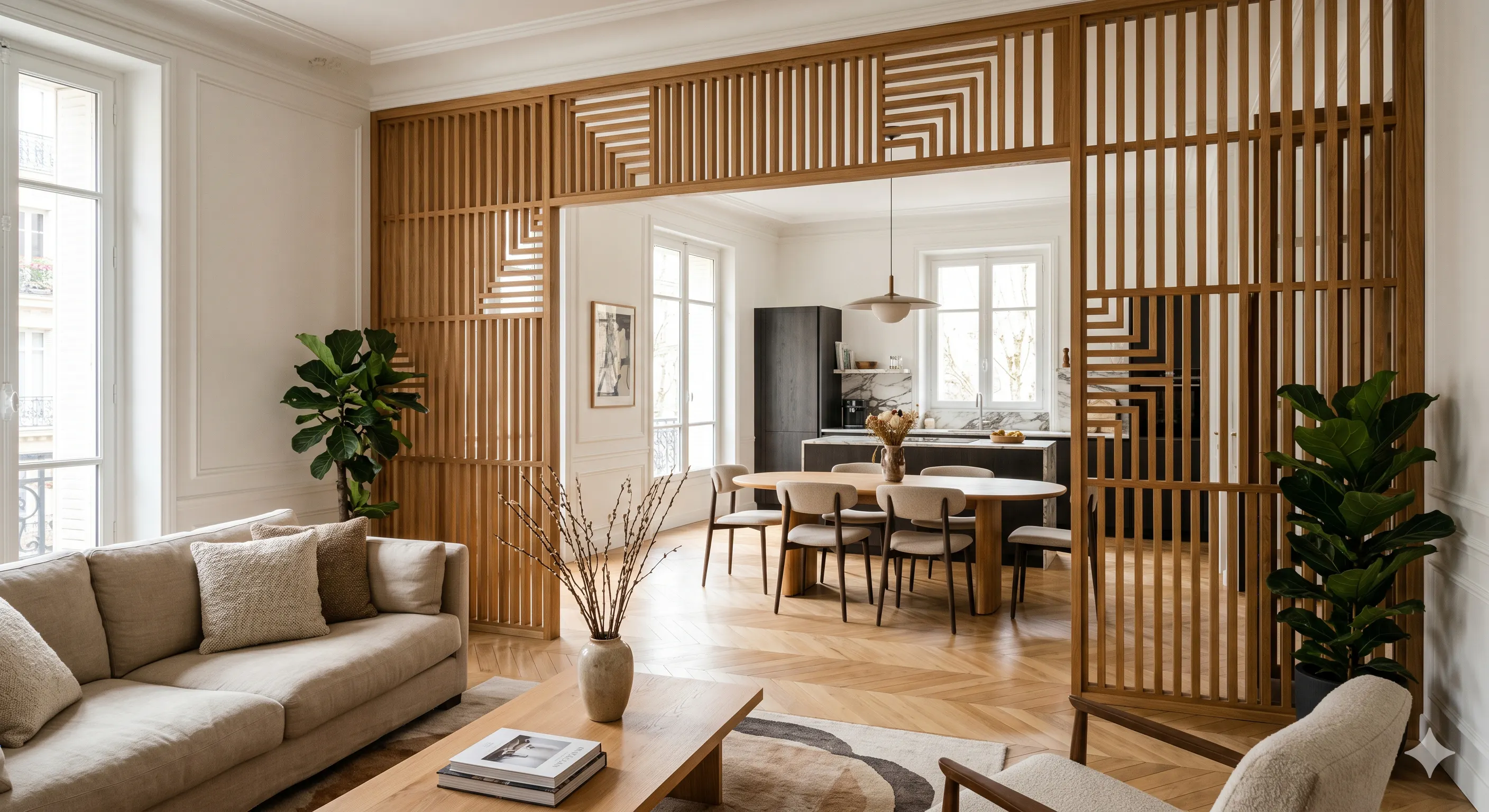 Appartement rénové claustra en bois 